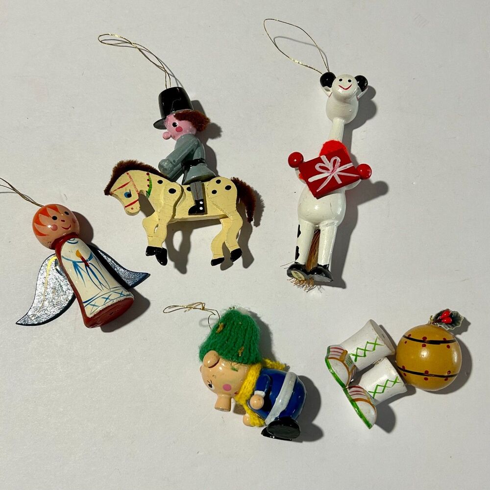 VTG 80s Wooden Christmas Ornament Lot, 5pc- Giraffe, Pig, Angel, Horesmen, Sport